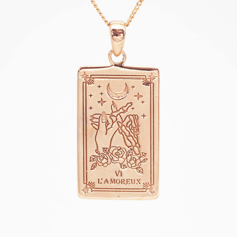 the lovers tarot necklace made with sterling silver and rose gold plating - hand drawn and designed in australia by indie and harper