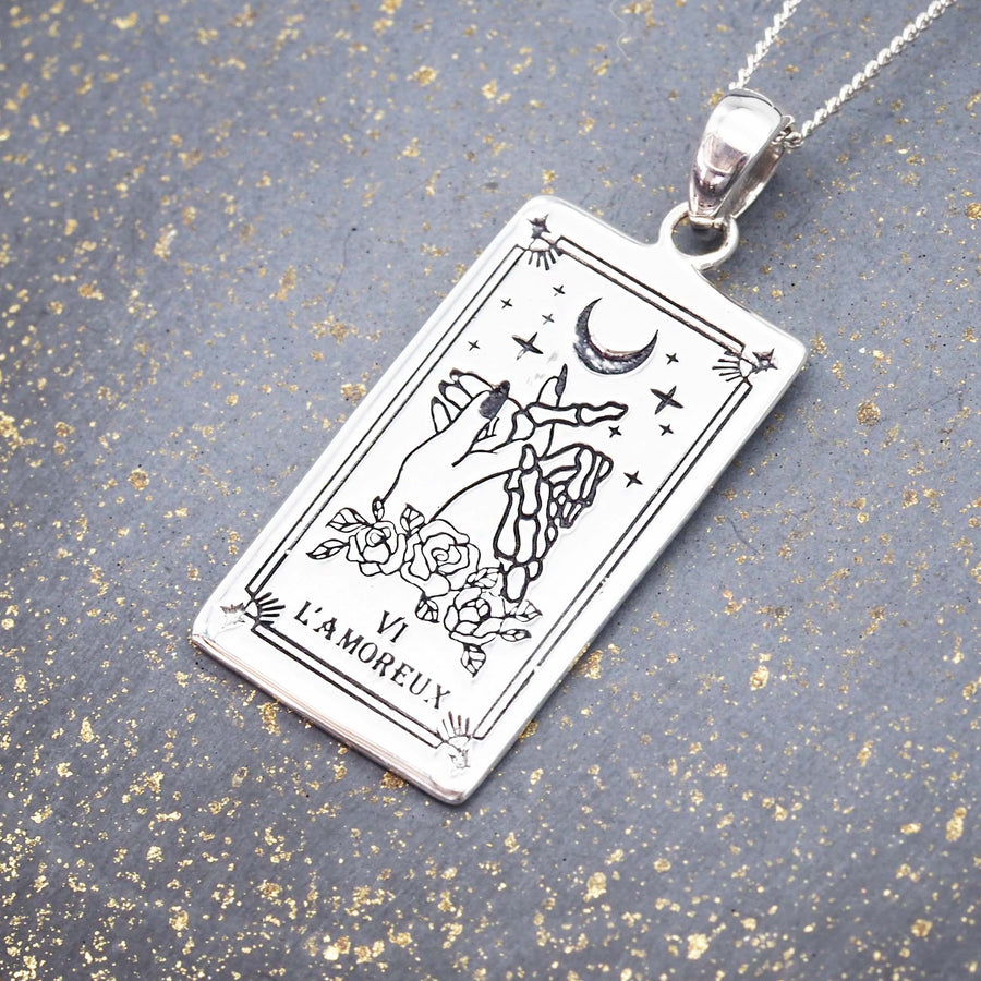 sterling silver the lovers tarot necklace - hand drawn design of the lovers tarot card by online jewellery brand indie and harper