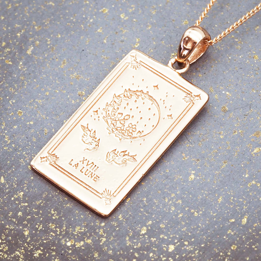 the moon tarot card necklace made with rose gold plating over sterling silver - tarot card jewellery online by indie and harper