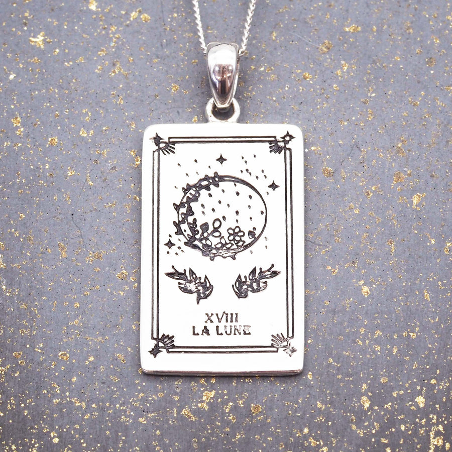 sterling silver the moon tarot necklace - hand drawn tarot card design by online jewellery brand indie and harper