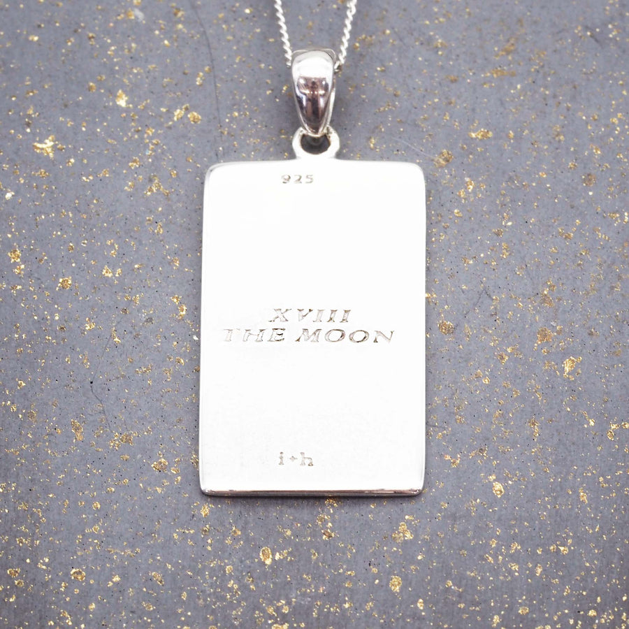 the moon tarot necklace - made with sterling silver and english translation on the back of the pendant - tarot card jewellery by indie and harper