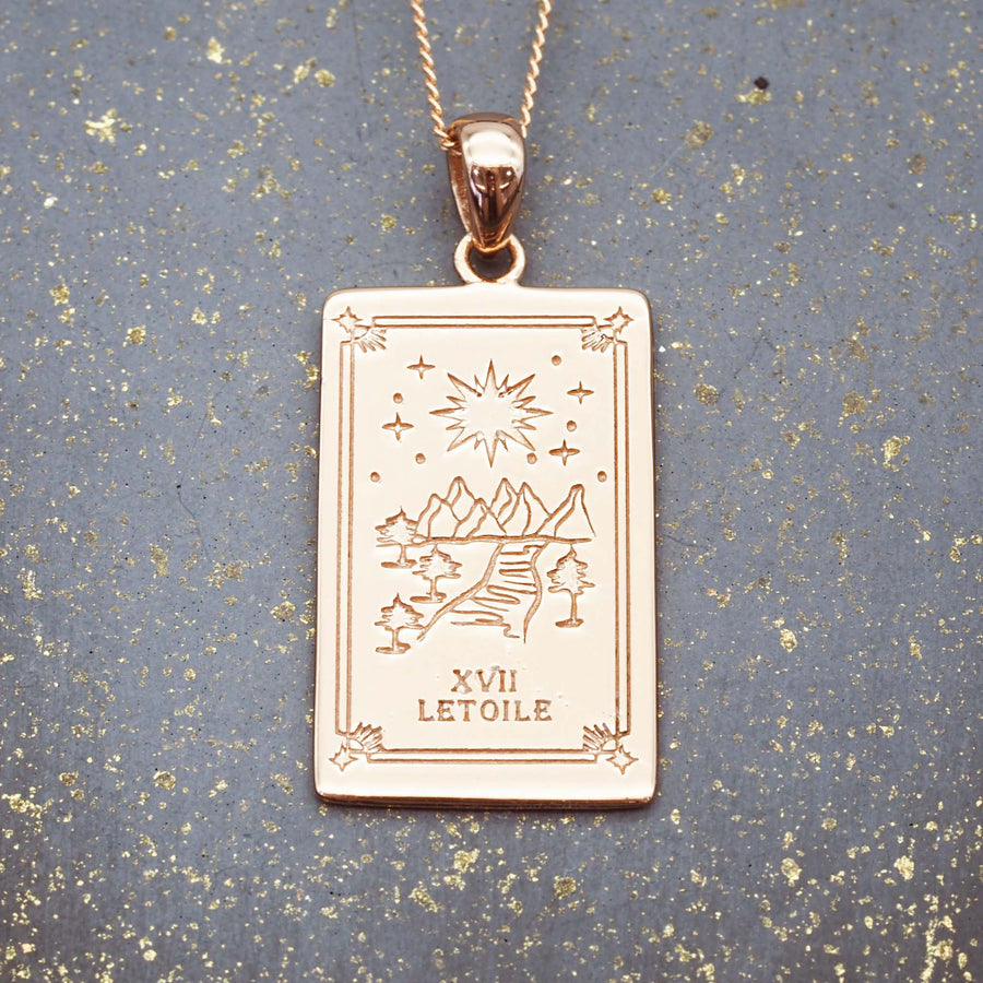 the star tarot necklace - design in australia and made with 9k rose gold plating over sterling silver and tarot card design - women's jewellery online by indie and harper