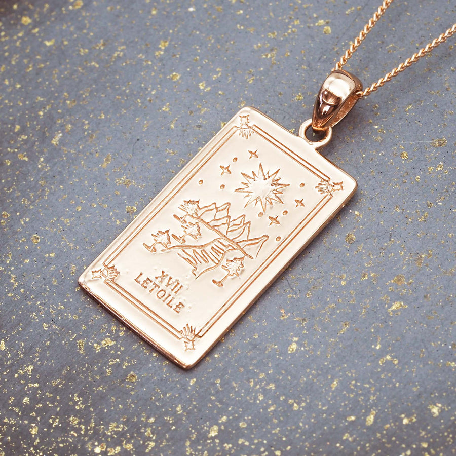 9k rose god plated necklace with hand draw tarot card design - sterling silver jewellery by online jewellery brand indie and harper