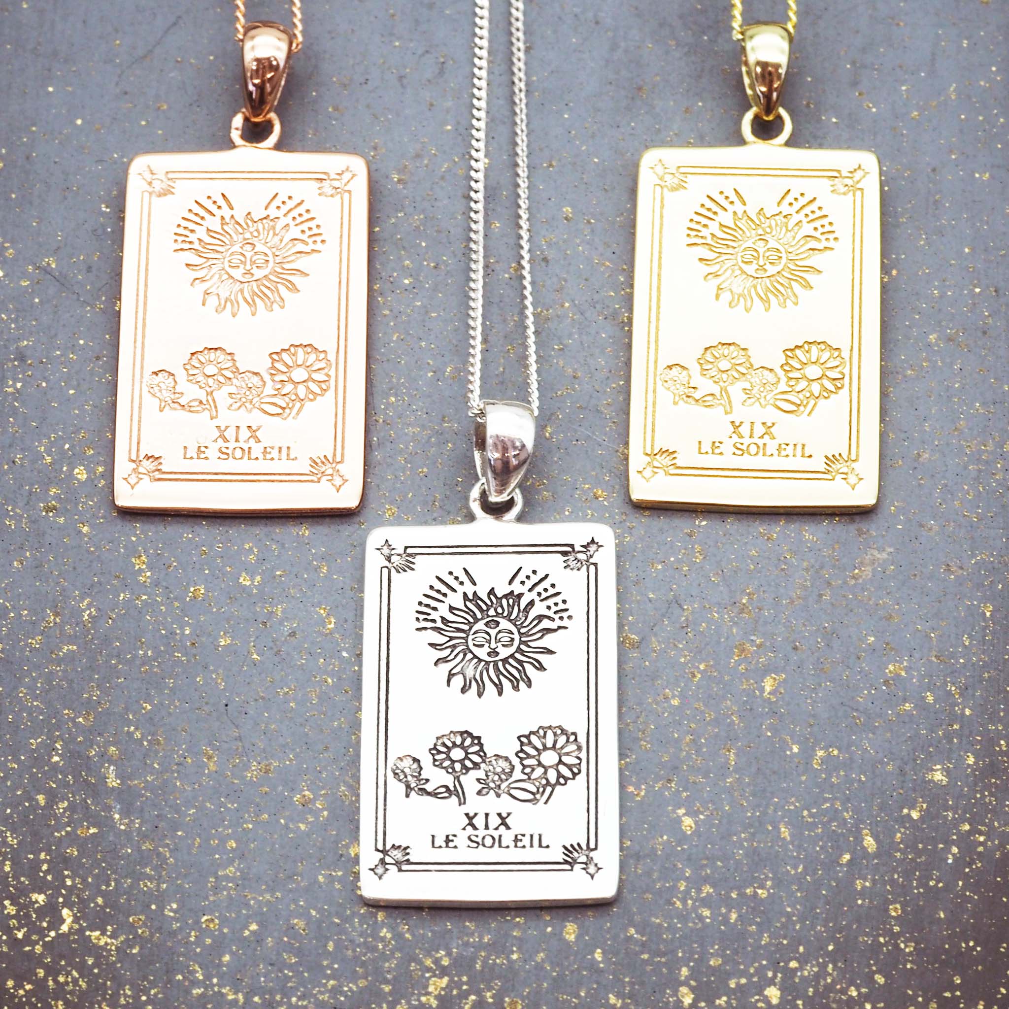 the sun tarot necklaces in silver, gold and rose gold for women - tarot jewellery by australian jewellery brands indie and harper