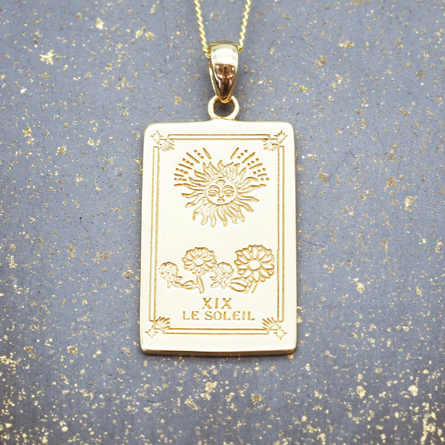 9k gold plating over sterling silver pendant necklace - hand draw the sun tarot card design by australian jewellery brand indie and harper