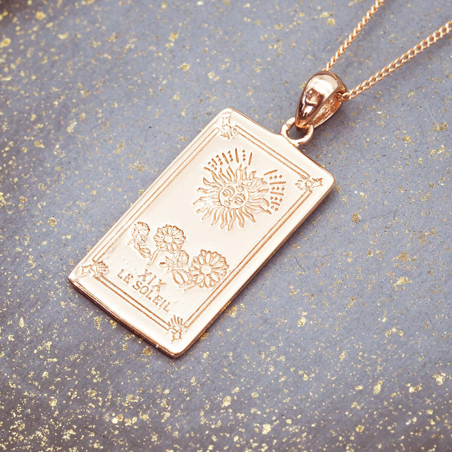 the sun tarot card necklace - hand drawn the sun tarot card design on a rose gold plated sterling silver pendant by indie and harper