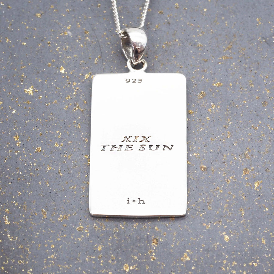 the sun tarot card necklace - back of pendant has english translation and is made with sterling silver - women's jewellery online by indie and harper