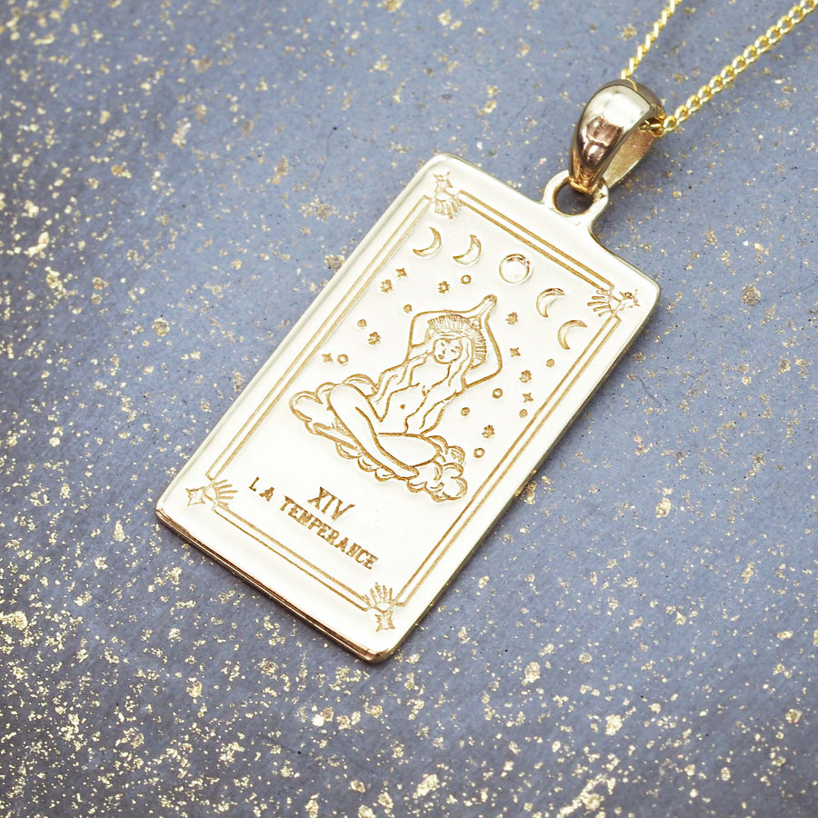 the temperance tarot necklace - sterling silver necklace made with gold plating and hand drawn tarot design - women's jewellery online by indie and harper