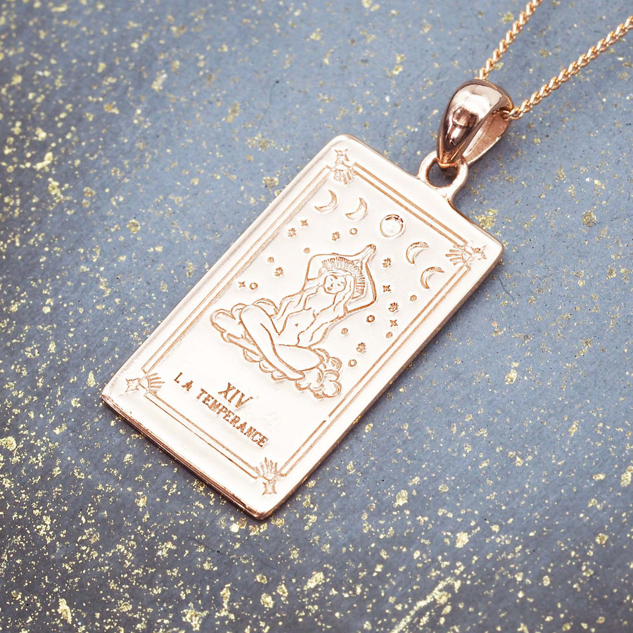 rose gold plated necklace over sterling silver with a hand draw the temperance tarot design - jewellery for women designed in australia by indie and harper