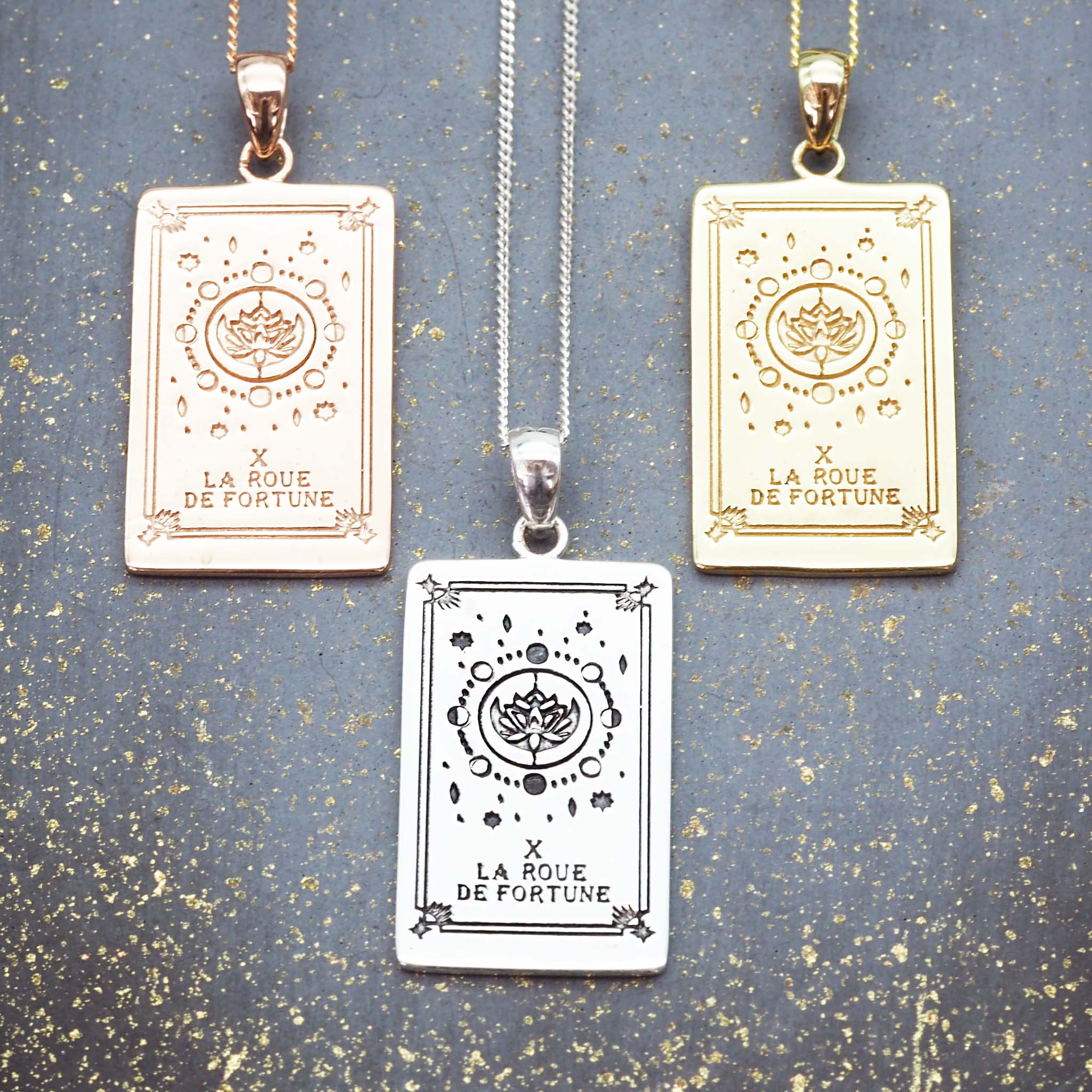 the wheel of fortune tarot card necklace in silver, rose gold and gold - tarot jewellery by boho jewelry brands indie and harper