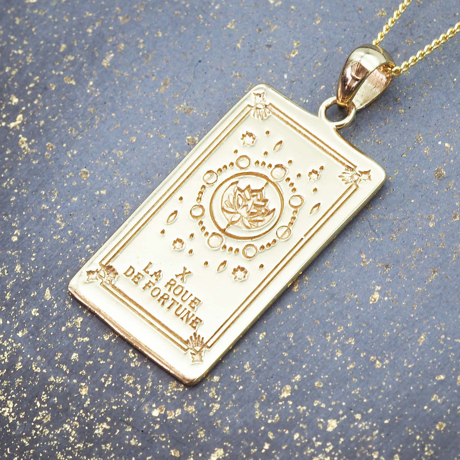 hand drawn wheel of fortune tarot necklace - made with 9k gold plating over sterling silver - women's jewellery online by indie and harper