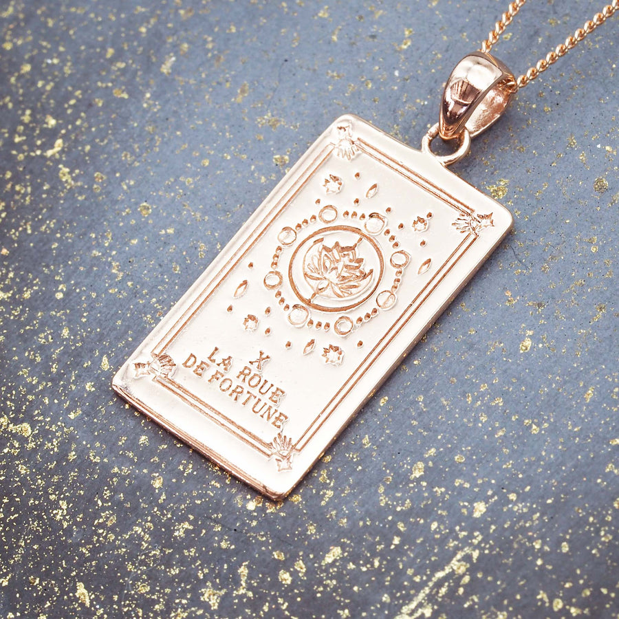 rose gold plating over sterling silver with hand draw tarot card design - wheel of fortune necklace for women by online jewellery brand indie and harper