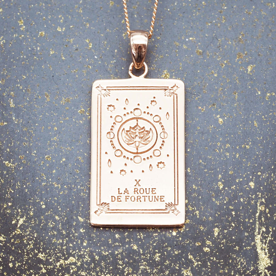 the wheel of fortune tarot necklace made with 9k rose gold plating over sterling silver - women's tarot card jewellery online by indie and harper