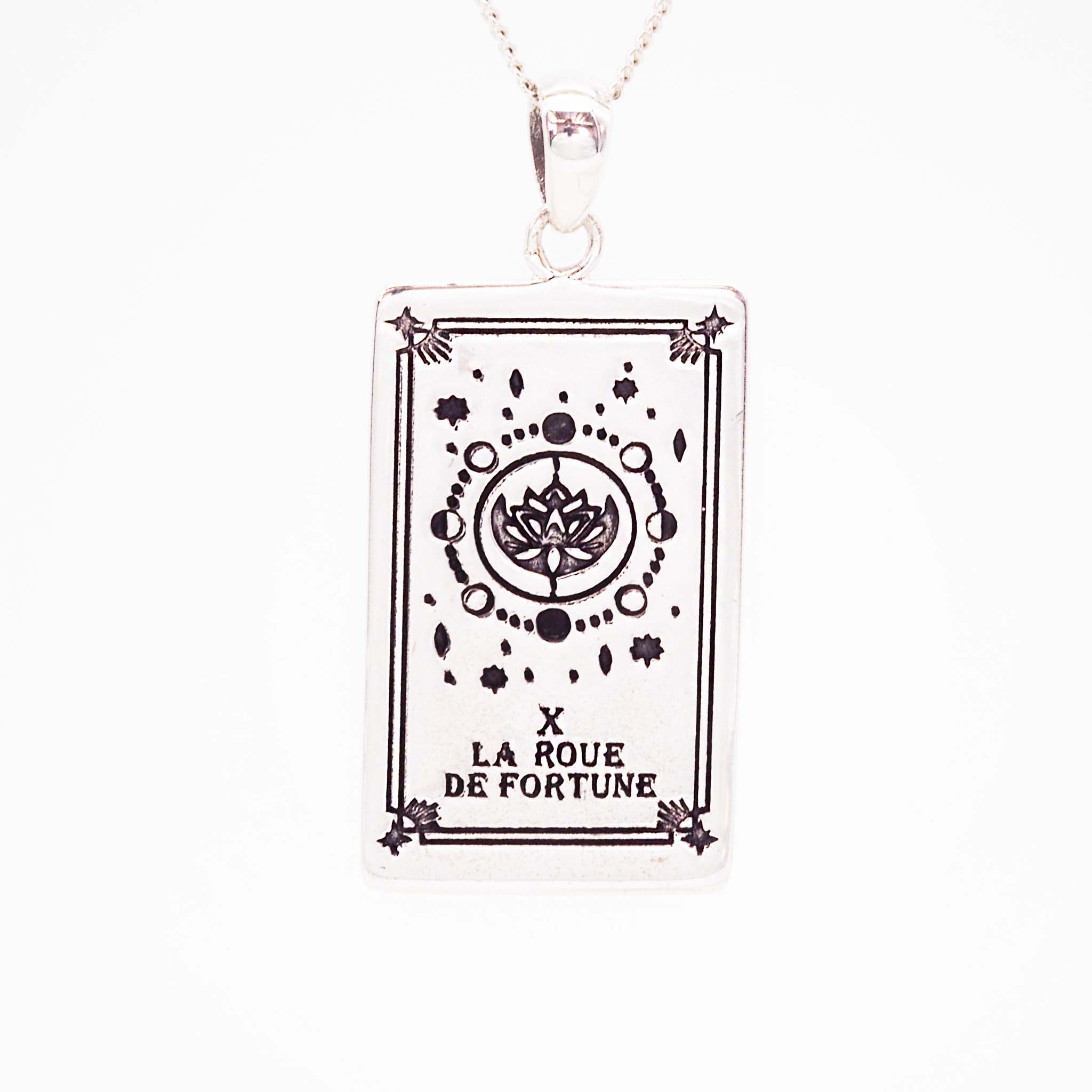 the wheel of fortune tarot card necklace in sterling silver - tarot jewellery by boho jewelry brands indie and harper