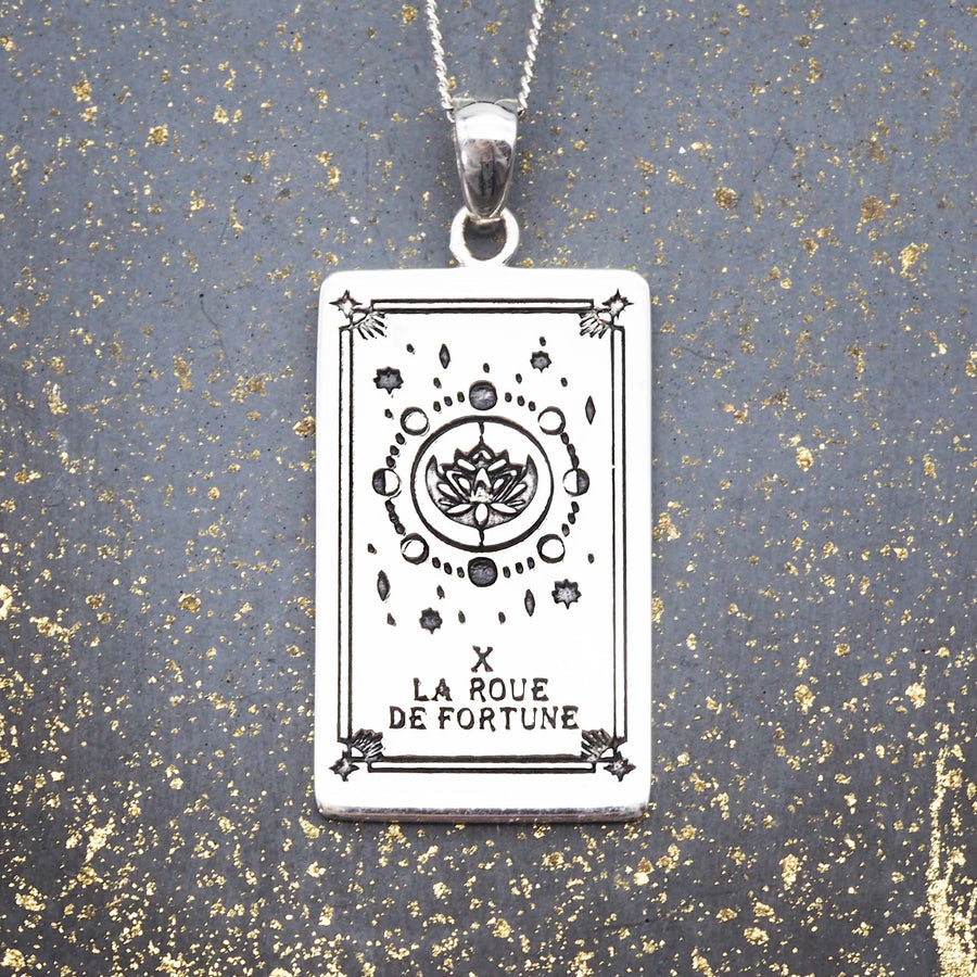 sterling silver tarot design necklace - hand drawn wheel of fortune tarot design by online jewellery brand indie and harper