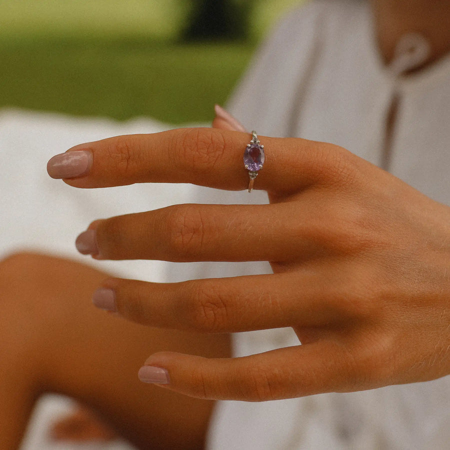 Hand wearing white topaz and pink amethyst ring - women's white topaz and amethyst jewellery by australian jewellery brands indie and harper