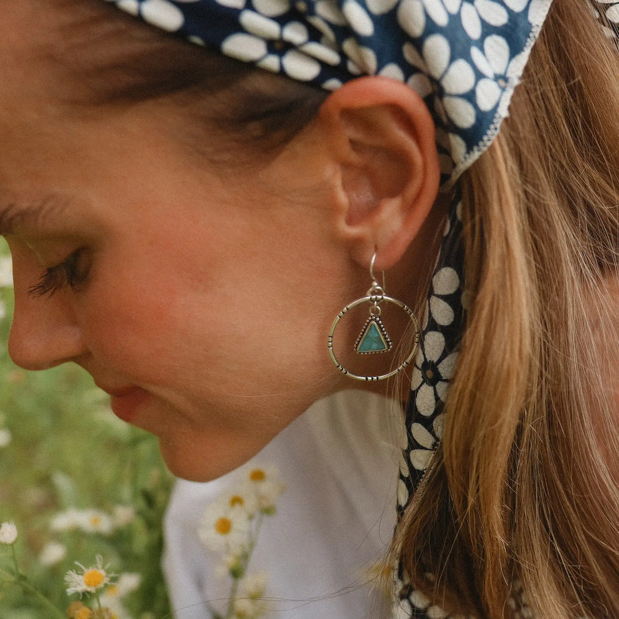 woman wearing sterling silver Tribal Turquoise Earrings - turquoise jewellery by boho jewellery store indie and harper