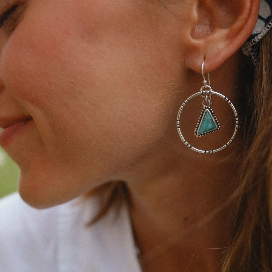 woman wearing sterling silver Tribal Turquoise Earrings - turquoise jewellery by womens boho jewellery store indie and harper