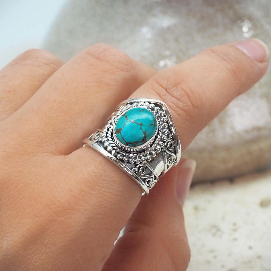 statement sterling silver turquoise ring being worn - sterling silver turquoise jewellery by Australian jewellery brands online indie and harper