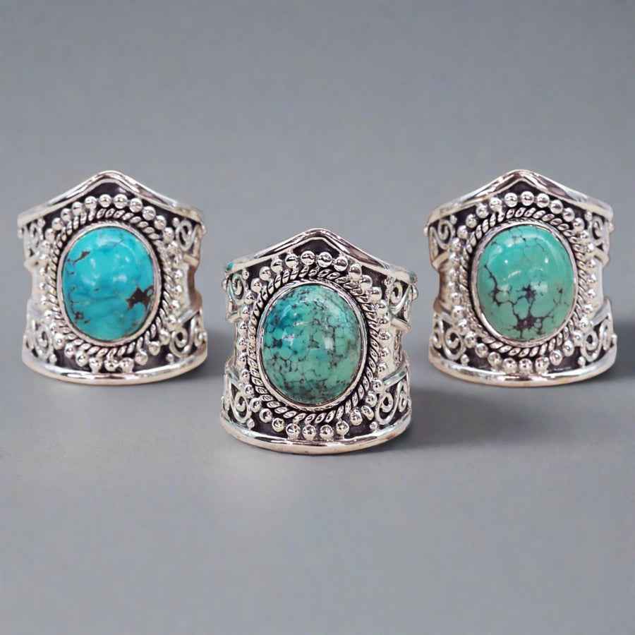 Tribal turquoise rings - turquoise jewellery by boho jewellery brand indie and harper