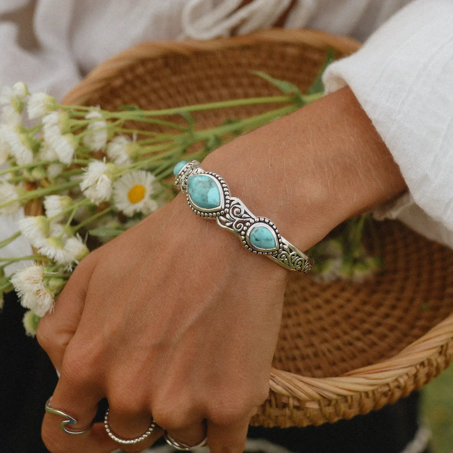 Woman wearing a turquoise bracelet - womens jewellery by australian jewellery brand indie and harper