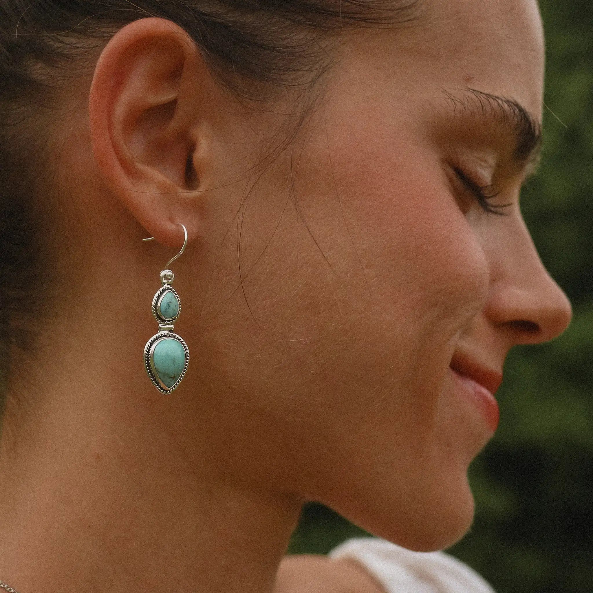 woman wearing sterling silver turquoise earrings - turquoise jewellery by Australian jewellery brands indie and harper