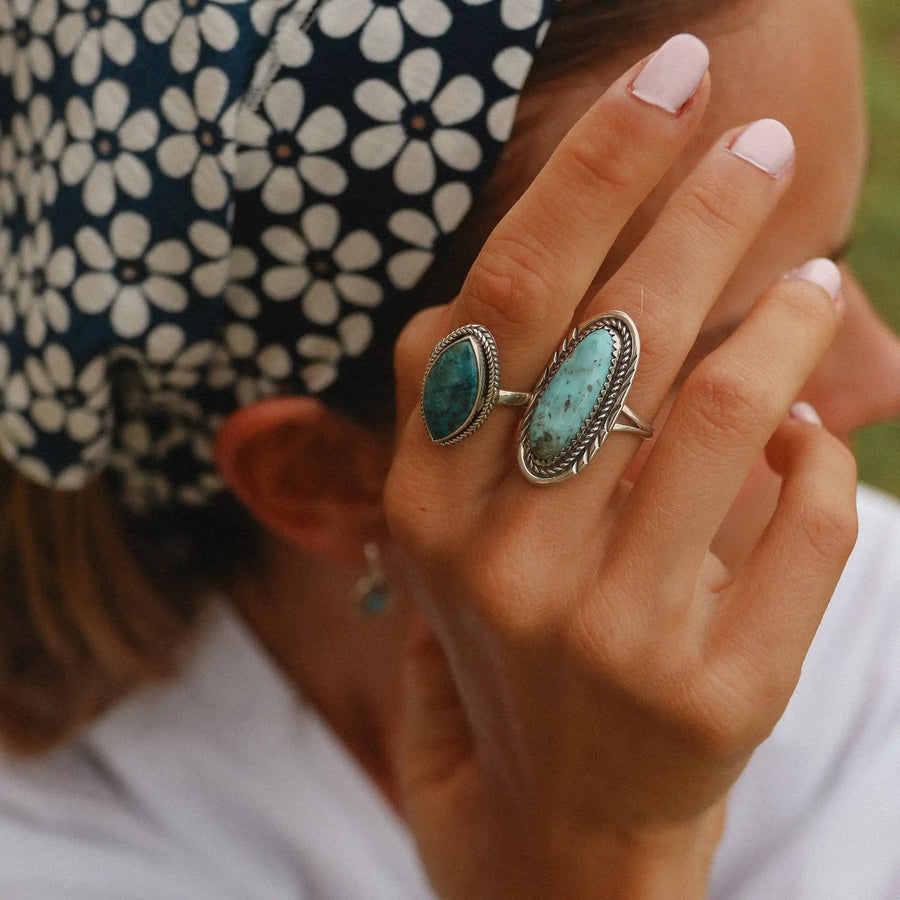 woman's hand wearing sterling silver azurite ring and Turquoise Ring - womens gemstone jewellery by australian jewellery brands indie and harper