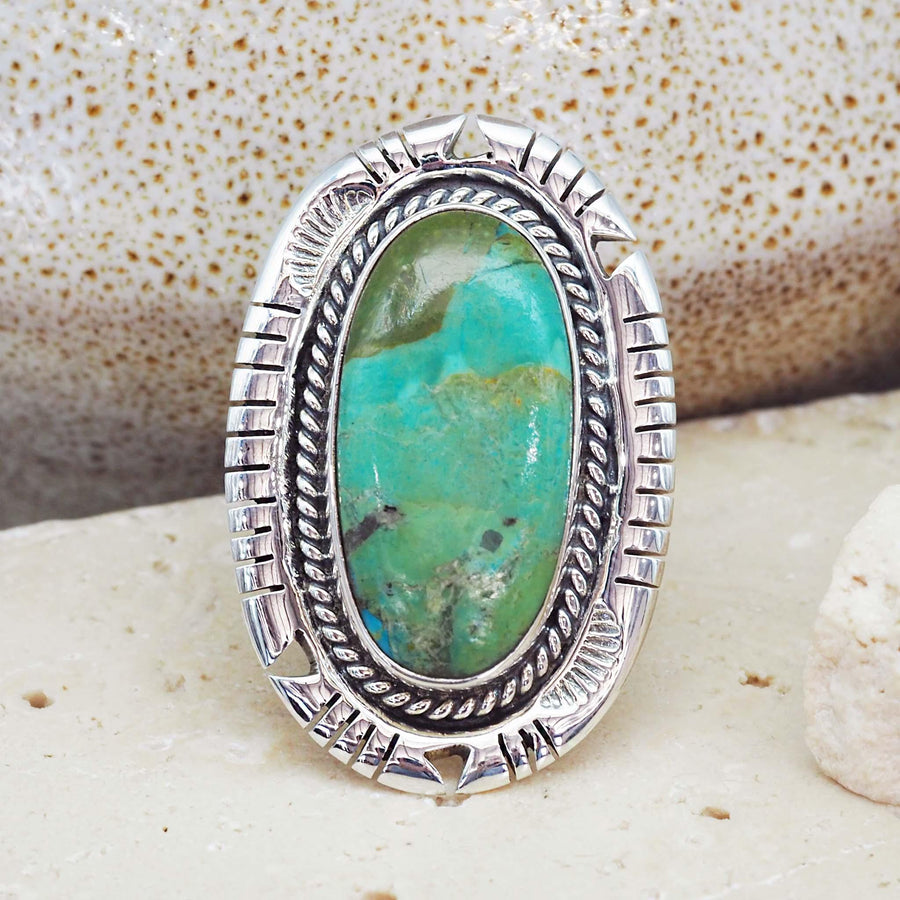 Turquoise Ring with green seafoam and brown colours- womens turquoise jewellery - Australian jewellery brands