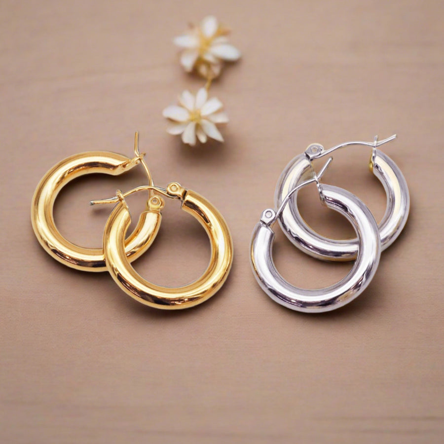 gold hoop earrings and silver hoop earrings - waterproof jewellery by Australian jewellery brands indie and harper