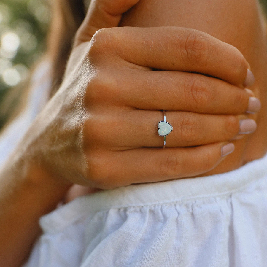 heart white opal Ring being worn - opal jewellery australia by australian jewellery brands indie and Harper