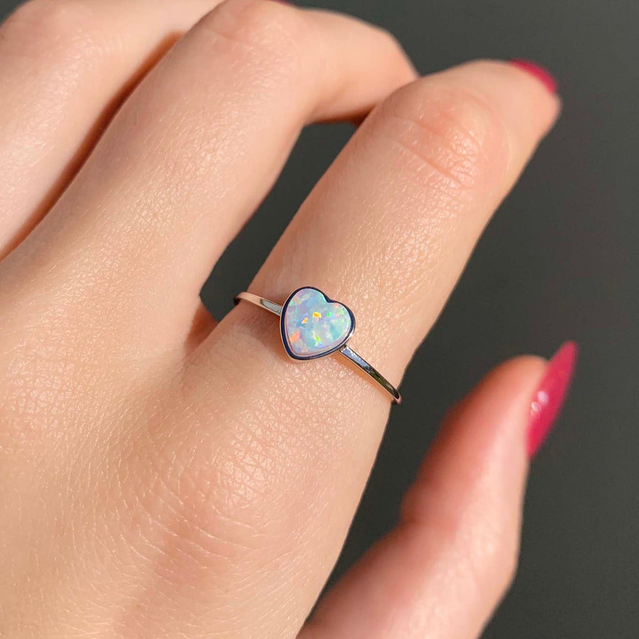 dainty heart white opal Ring being worn - opal jewellery by australian jewellery brands online indie and Harper