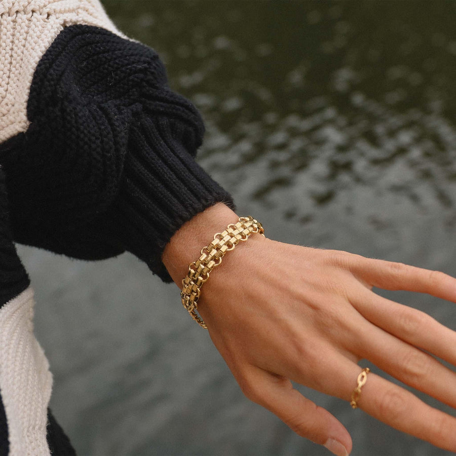 Woman wearing gold Bracelet - womens titanium gold waterproof jewellery - Australian jewellery brands indie and Harper