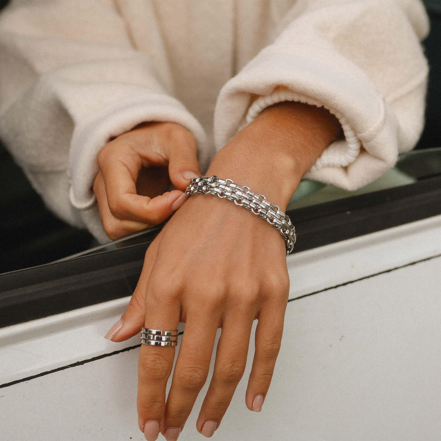 Woman wearing silver Bracelet and silver ring - womens titanium waterproof jewellery - Australian jewellery brands indie and Harper