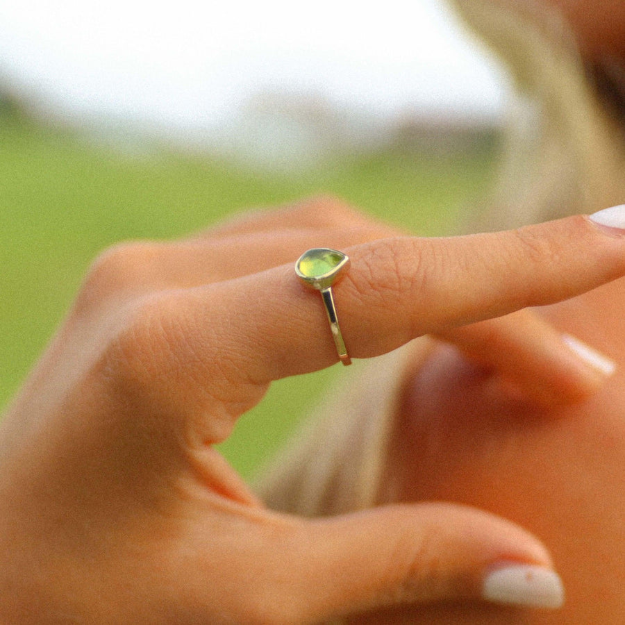 Woman wearing August Birthstone Peridot Ring - Gold Rings by australian jewellery brand indie and harper