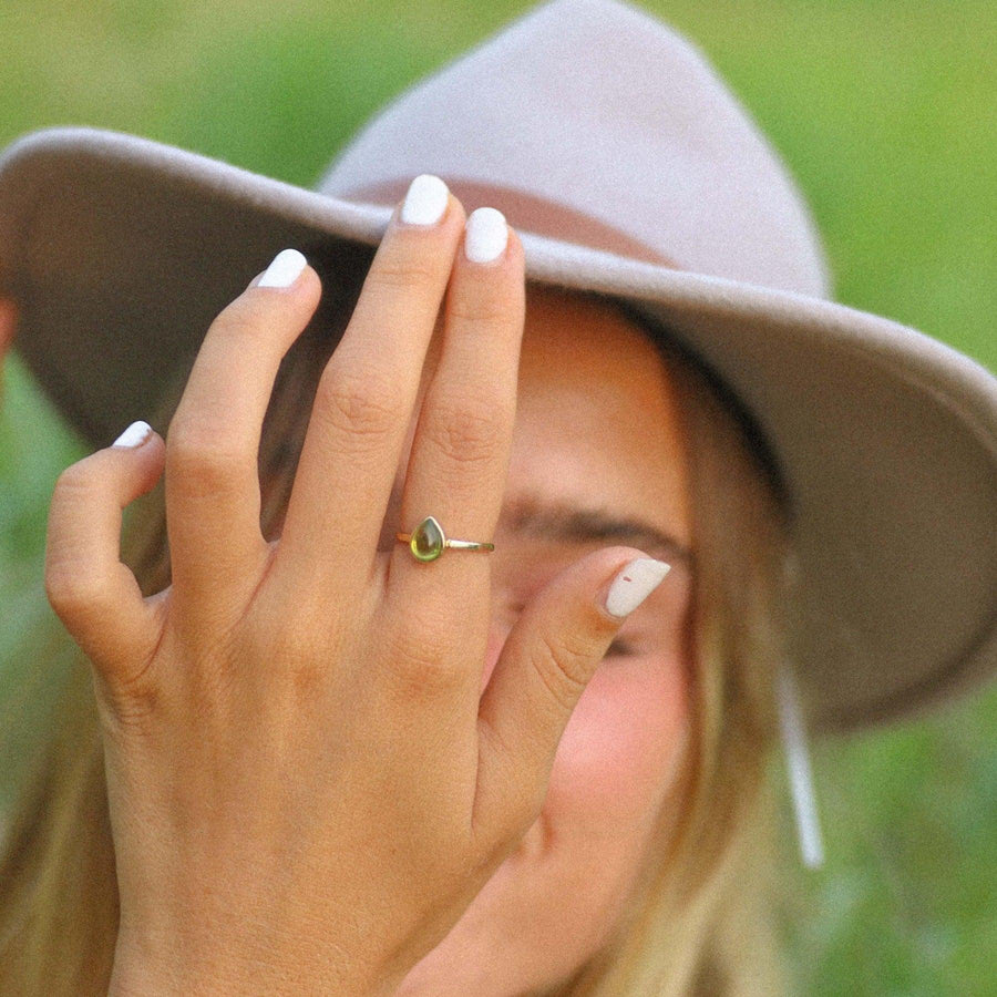 Woman wearing August Birthstone Peridot Ring - womens jewellery by australian jewellery brand indie and harper