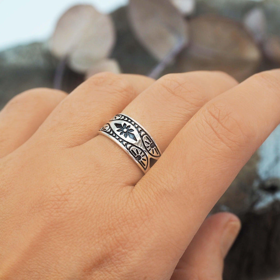 Aztec Sterling silver Ring with hand carved detailing being worn - womens boho jewellery by australian jewellery brands online indie and Harper 