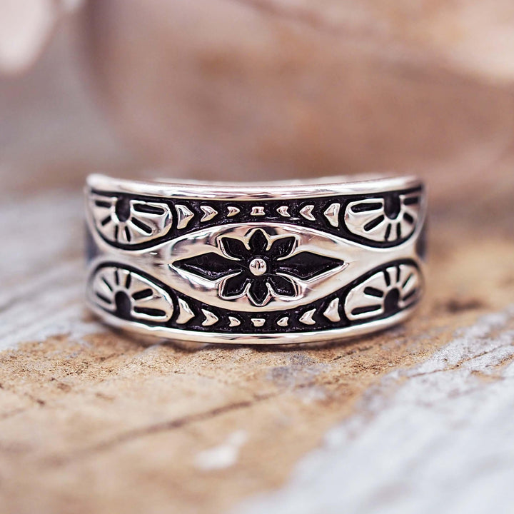 Aztec Sterling silver Ring with hand carved detailing - womens silver jewellery by australian jewellery brands online indie and Harper 