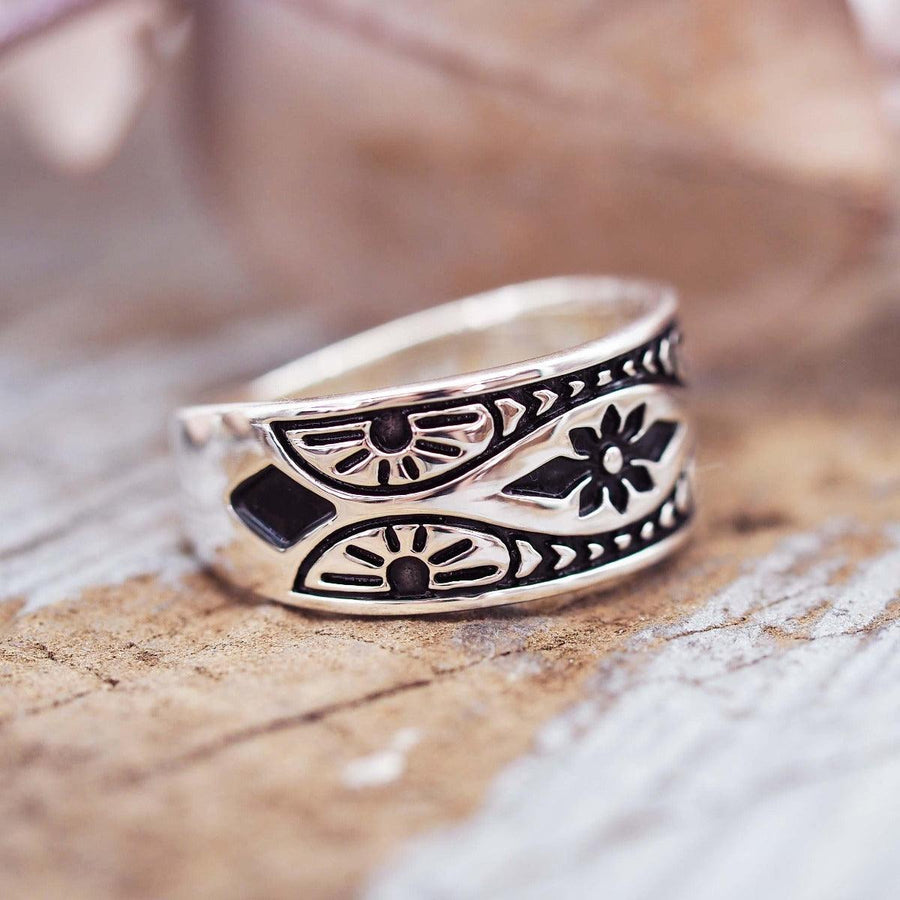 Aztec Sterling silver Ring with hand carved detailing - womens boho jewellery by australian jewellery brands online indie and Harper 