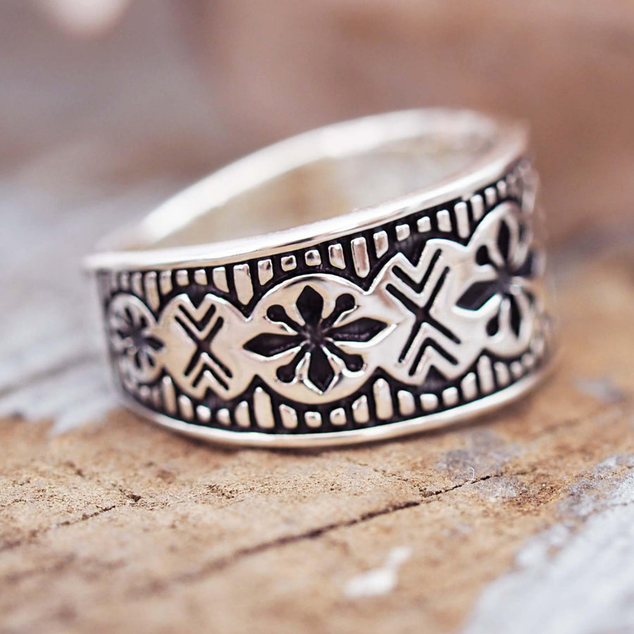 Sterling silver Ring with hand carved detailing - womens silver jewellery by australian jewellery brands online indie and harper