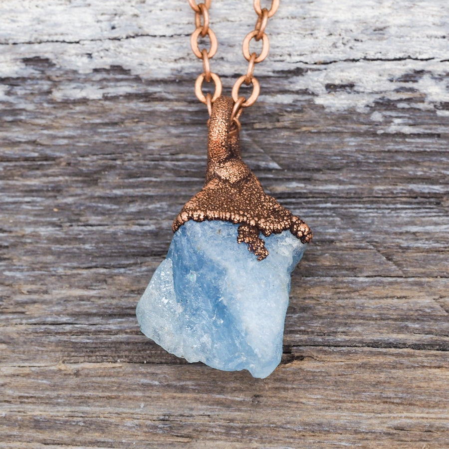 Copper and Raw Aquamarine Necklaces - womens aquamarine jewellery by boho jewellery brand indie and harper