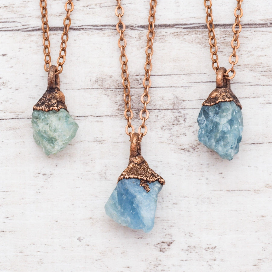 Copper and Raw Aquamarine Necklaces - womens aquamarine jewellery by boho jewellery brand indie and harper