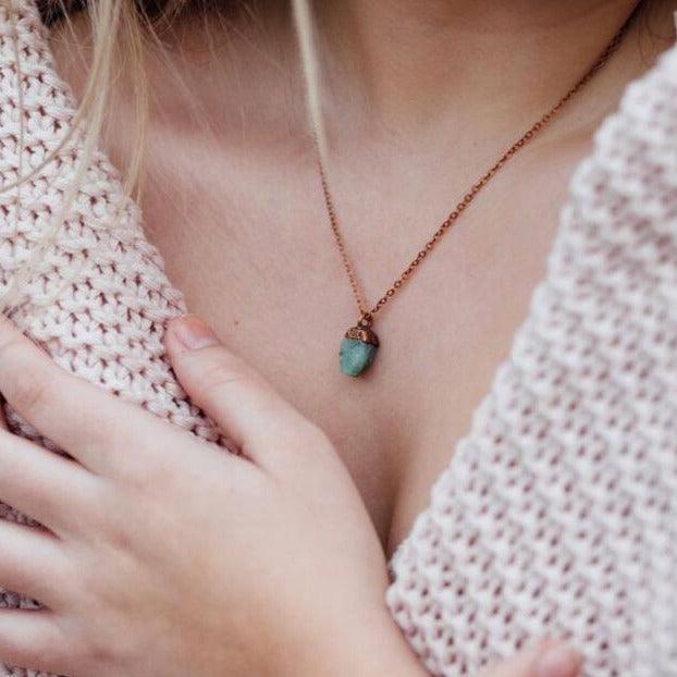 woman wearing Copper and Raw Emerald Necklace - womens emerald jewellery by australian jewellery brands indie and harper