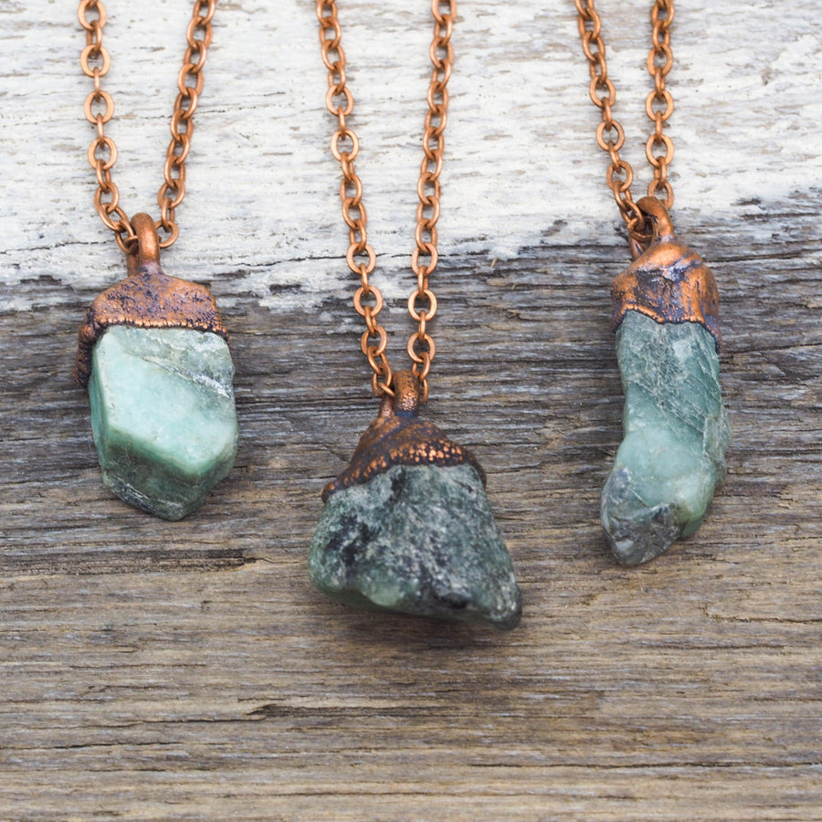 Copper and Raw Emerald Necklaces - emerald jewellery by australian jewellery brands indie and harper