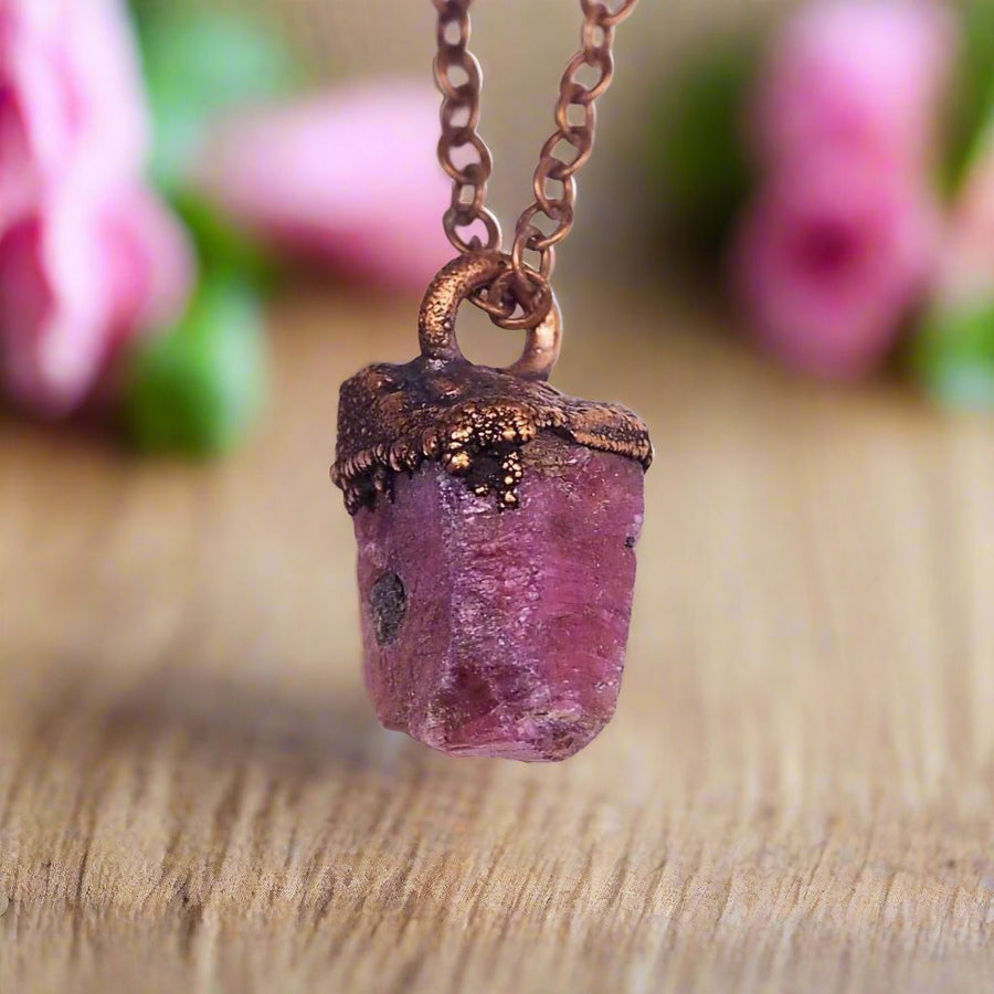 Copper and Raw Ruby Necklace - womens Ruby jewellery by boho jewelry brand indie and harper