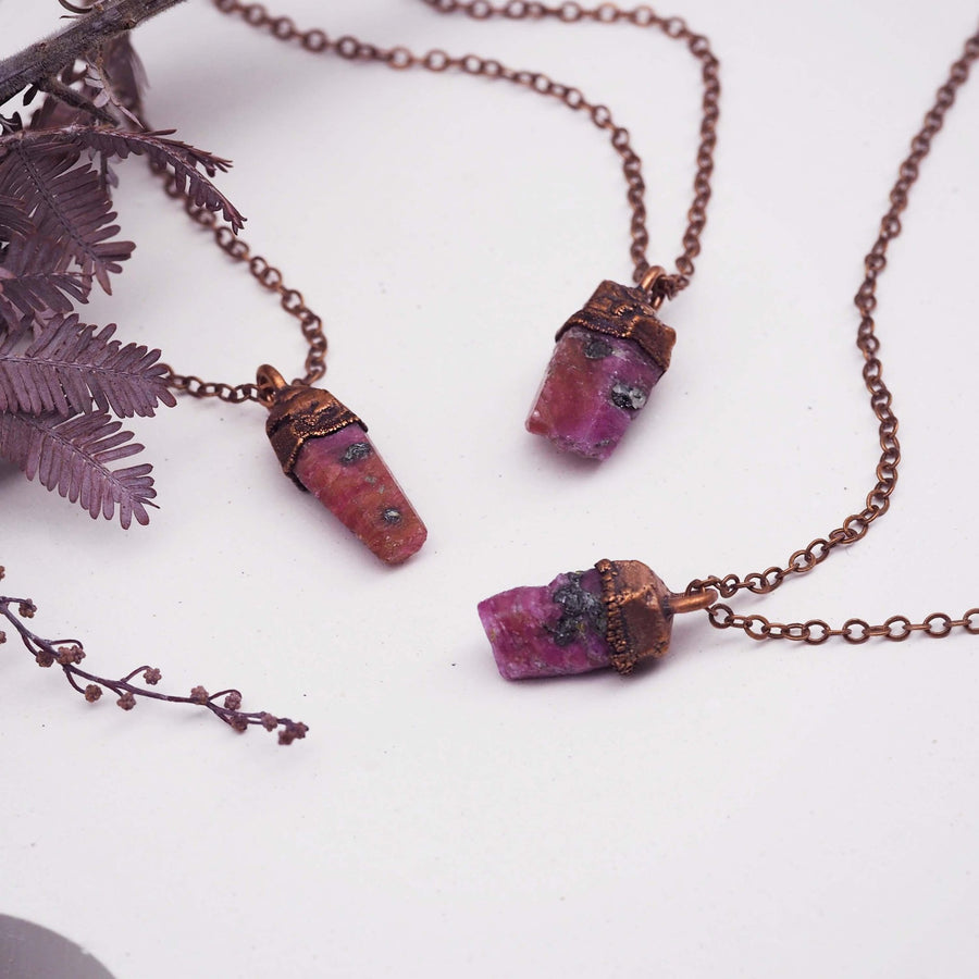 Copper and Raw Ruby Necklaces - womens Ruby jewellery by boho jewelry brand indie and harper