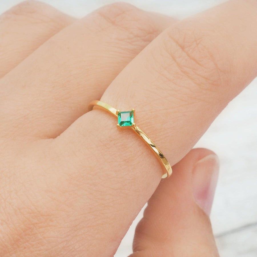 Dainty emerald gold ring being worn - gold promise rings and gold jewellery by Australian jewellery brands online indie and harper 