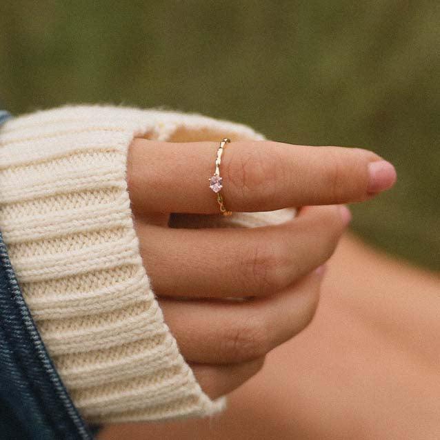 Dainty Rose Quartz Gold Ring being worn - womens gold jewellery by Australian jewellery brands online indie and harper