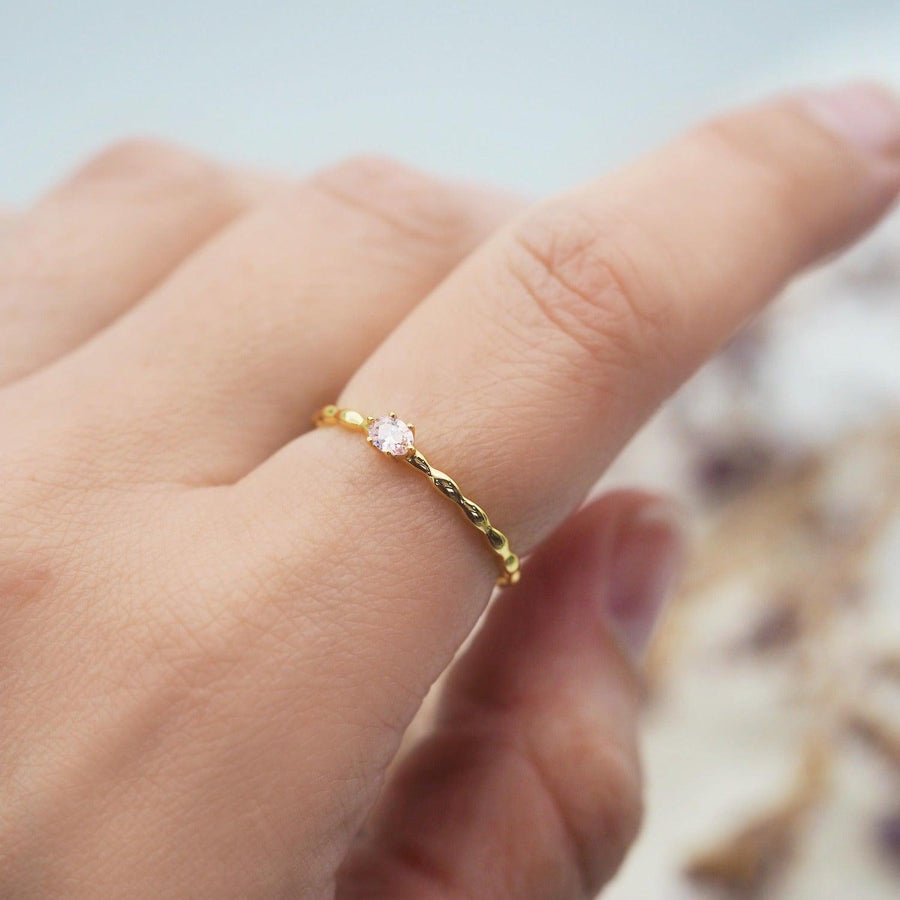 Dainty Rose Quartz Gold Ring being worn - womens gold jewellery by Australian jewellery brands online indie and harper