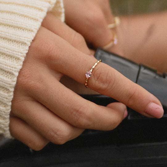 Dainty Rose Quartz Gold Ring being worn - womens gold jewellery by Australian jewellery brands online indie and harper