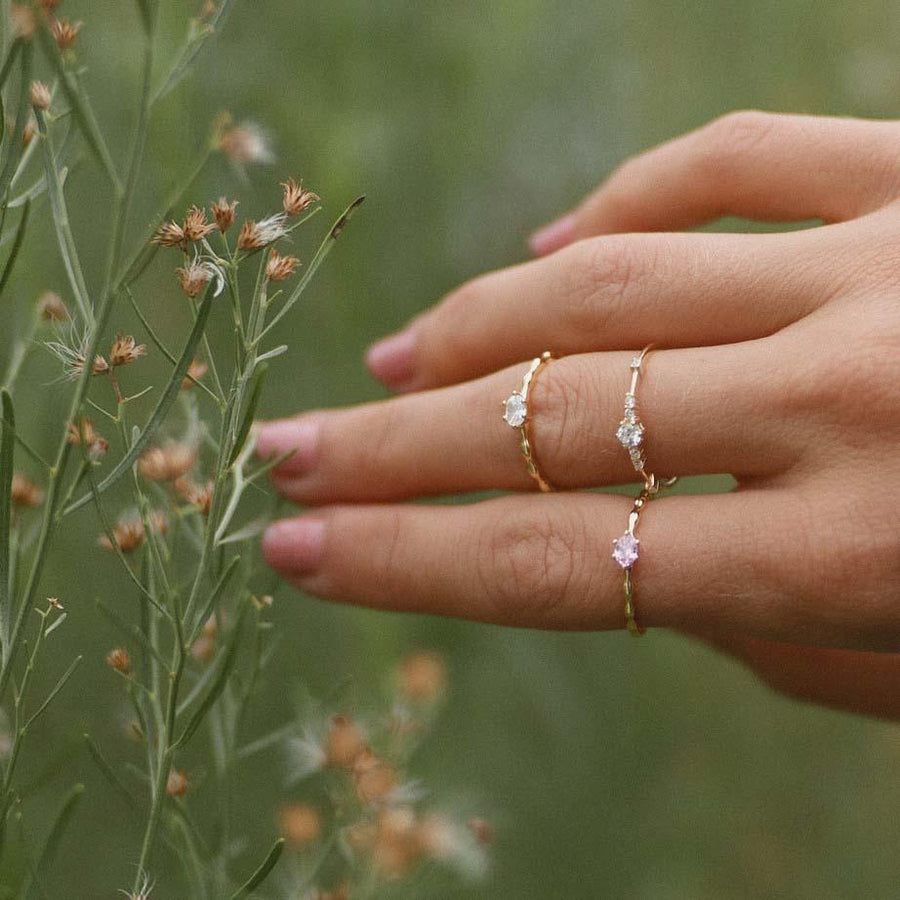 Gold Dainty Rose Quartz Rings being worn - womens rose quartz jewellery by Australian jewellery brands online indie and harper